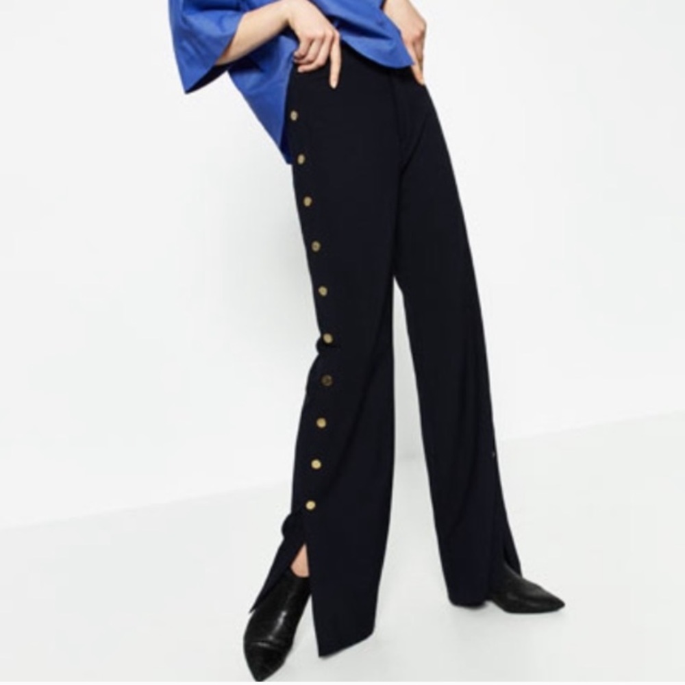 ZARA Navy Trousers with Gold Side Buttons